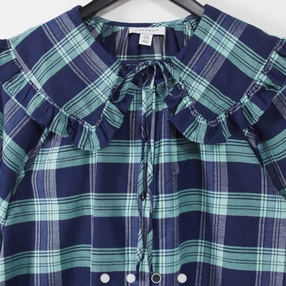 Topshop collared shirt blue plaid Peasant Baloon Sleeve Bohemian 8 Cottagecore - Picture 12 of 13